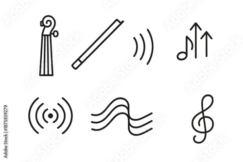 String Performance Icons. String performance flow: Line style icons of fingerboard, bow glide, resonance lines, note rise, sound