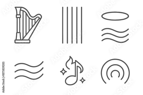 Angelic Harp Icons. arp string angelic: Line style icons of harp frame, long strings, angelic halo, soft waves, melody spark,