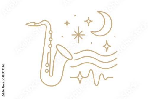 Brass Night Melody. Nighttime brass melody: Line style icons of brass sax, smooth waves, moon glow, music flare, tone spark,