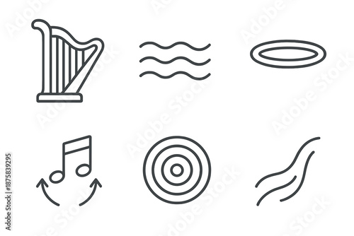 Heavenly Line Art. Heaven-inspired melody: Line style icons of harp frame, serene waves, halo symbol, note lift, resonance field,