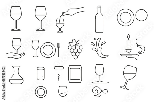 Red Wine Icon Set. Line style icons of Red Wine Bar Set: red wine glass, stemware, wine pour, wine bottle, coaster, hand hold,