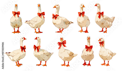 Adorable watercolor easter geese with bows set. Cute spring holiday decoration print, cute farm bird for greeting card vector illustrations