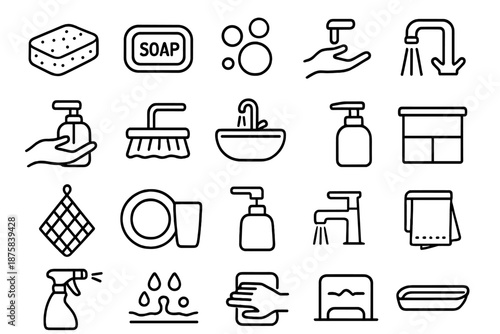 Hygiene Icons Set. Line style icons of Hygiene and Cleaning Set: sponge, soap bar, bubbles, running water, hand wash, scrub brush,