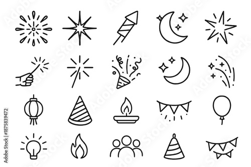 Night Celebration Icons. Line style icons of Night Celebration Set: firework, spark, rocket, night sky, explosion, hand hold,