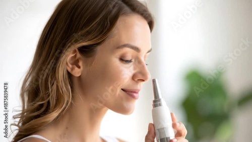 Woman using nasal spray in a home.