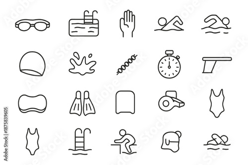 Swim Equipment Icons. Line style icons of Pool Swim Equipment Set: swim goggles, pool, hand hold, swimmer silhouette, swim cap,