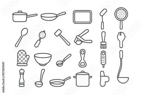 Cooking Utensil Icons. Line style icons of cooking utensils: Saucepan, Skillet, Baking Tray, Sieve, Wooden Spoon, Tea Strainer,