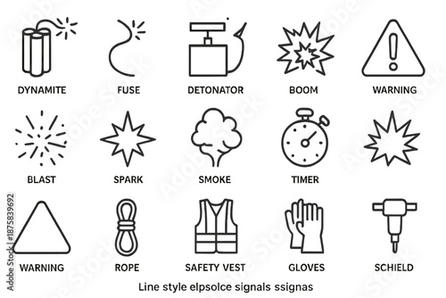 Explosive Signal Icons. Line style icons of explosive signals: Dynamite, Fuse, Detonator, Boom, Blast, Spark, Smoke, Timer,
