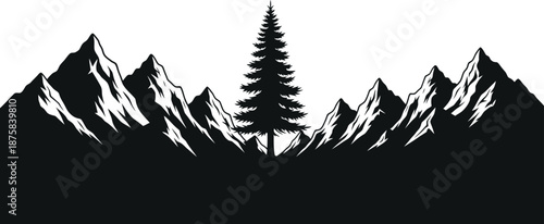 Silhouette of Tree and Mountain Peaks.