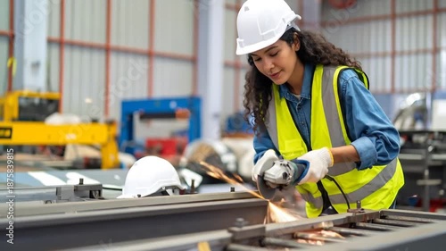 Woman welder working in a factory.