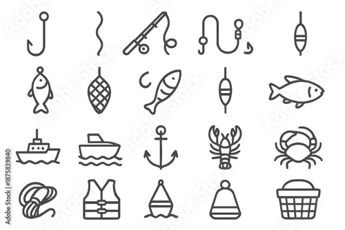 Maritime Fishing Icons. Line style icons of maritime fishing: Hook, Line, Rod, Reel, Catch, Net, Bait, Float, Boat, Fish, Bucket,