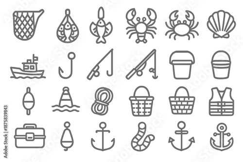Maritime Harvest Icons. Line style icons of maritime harvest: Net, Catch, Harvest, Fish, Lobster, Crab, Shellfish, Boat, Hook, Rod