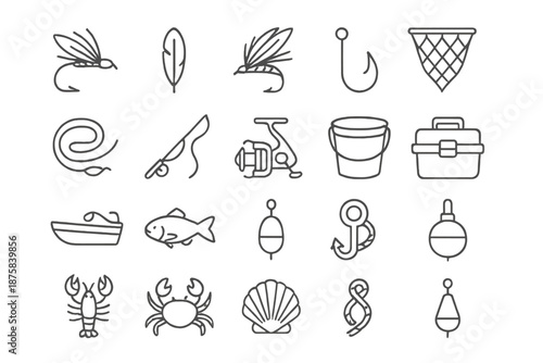 Fishing Gear Icons. Line style icons of fishing flies: Fly, Feather, Artificial, Hook, Line, Rod, Reel, Net, Bait, Fish, Bucket,