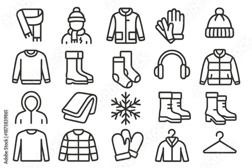 Cold Weather Gear Icons. Line style icons of cold weather gear: Scarf, Winter, Warmth, Coat, Gloves, Hat, Beanie, Sweater, Boots,
