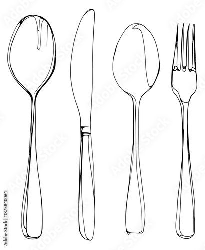 Hand drawn line art cutlery set featuring two spoons, a knife, and a fork for kitchen and dining designs