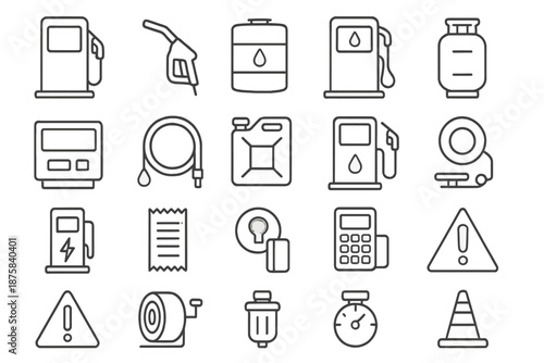 Fuel Station Icons. Line style icons of fueling station: Gas Pump, Fuel Nozzle, Tank, Fuel Gauge, Price Display, Hose, Gas Can,