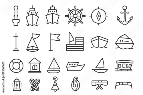 Ship Navigation Icons. Line style icons of ship navigation: Rudder, Ship, Helm, Wheel, Compass, Anchor, Mast, Sail, Flag, Deck,