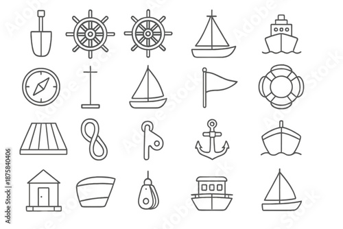 Nautical Line Icons. Line style icons of nautical steering: Rudder, Helm, Wheel, Ship, Compass, Mast, Sail, Anchor, Deck, Rope,