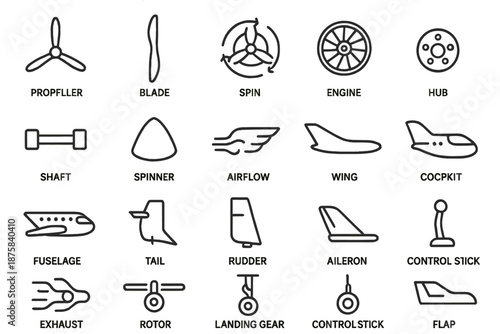 Aviation Parts Icons. Line style icons of aviation parts: Propeller, Blade, Spin, Engine, Hub, Shaft, Spinner, Airflow, Wing,