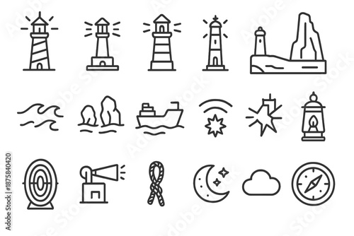 Maritime Line Icons. Line style icons of maritime landmarks: Lighthouse, Beacon, Tower, Light, Coastal Cliff, Waves, Rocks, Ship,