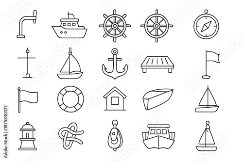 Sailing Control Icons. Line style icons of sailing controls: Rudder, Ship, Helm, Wheel, Compass, Mast, Sail, Anchor, Deck, Rope,
