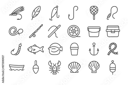 Angler Essentials Icons. Line style icons of angler essentials: Fly, Feather, Artificial, Hook, Line, Rod, Reel, Net, Bait, Fish,