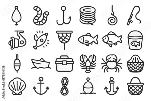 Fishing Gear Icons. Line style icons of angling collection: Bait, Worm, Hook, Line, Rod, Reel, Attract, Net, Fish, Bucket, Float,