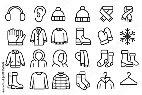 Winter Clothing Icons. Line style icons of winter apparel: Earmuff, Ear, Winter, Hat, Beanie, Scarf, Gloves, Coat, Sweater, Boots,