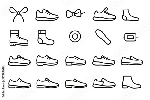 Athletic Footwear Icons. Line style icons of athletic footwear: Lace, Shoe, Tie, Sneaker, Boot, Sock, Eyelet, Aglet, Tongue, Heel,