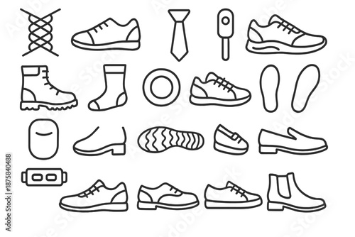 Shoelacing Icon Set. Line style icons of shoelacing items: Lace, Shoe, Tie, Sneaker, Boot, Sock, Eyelet, Aglet, Tongue, Heel, Sole