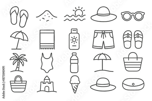 Beach Essentials Icons. Line style icons of beach essentials: Flip Flop, Sand, Beach, Sunhat, Sunglasses, Umbrella, Towel, Lotion,