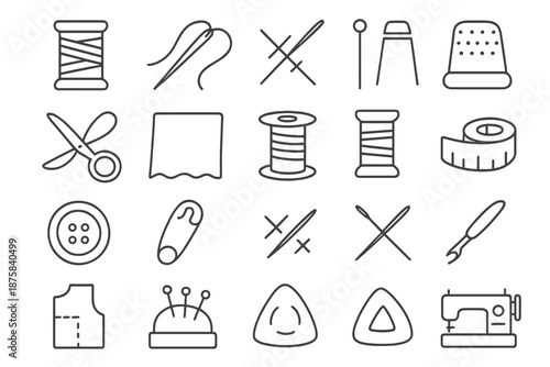 Sewing Tools Icons. Line style icons of hand sewing tools: Thread, Needle, Sew, Pin, Thimble, Scissors, Fabric, Bobbin, Spool,