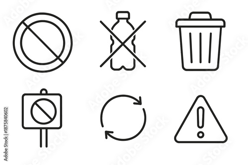 Anti-Waste Line Icons. Line vector icons of anti-waste concept: prohibition circle, crossed plastic bottle, discard bin, stop