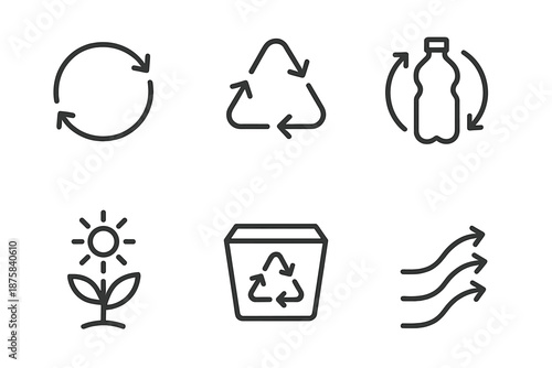 Sustainable Materials Symbols. Line vector icons of sustainable materials loop: material cycle, eco arrows, regenerated plastic,