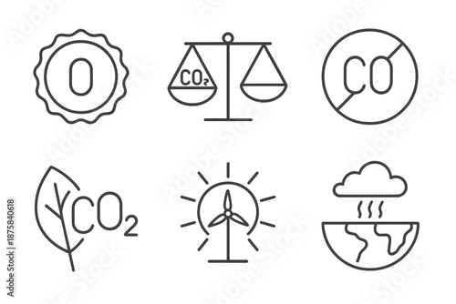 Carbon Neutral Icons. Line vector icons of carbon-neutral status representation: zero-carbon badge, balanced CO₂ scale, neutral