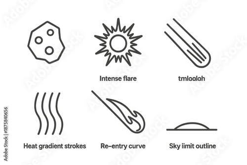 Atmospheric Re-entry Icons. Line vector icons of atmospheric burn-up event: fragment icon, intense flare, dramatic fall line, heat