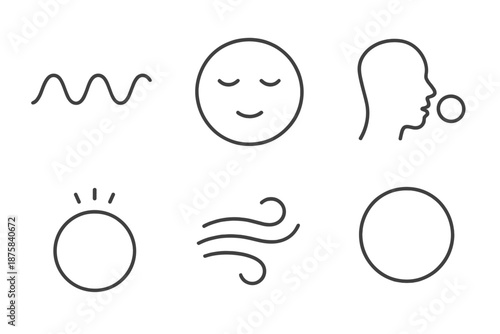 Breathing Exercise Icons. Line vector icons of an anxiety-relief breathing exercise: inhale–exhale wave, calm face outline, breath