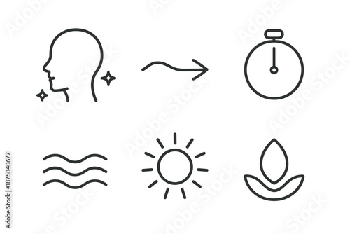 Mindfulness Practice Icons. Line vector icons of a mindfulness practice app: serene head, soft breath line, session timer,