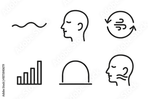 Calming Breath Icons. Line vector icons of a calming breath routine: smooth wave, relaxed head, breathing loop, soft pulse bar,