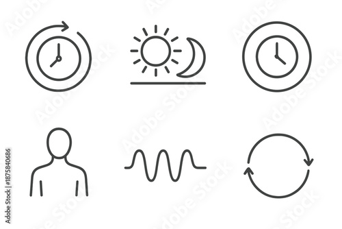 Intermittent Fasting Icons. Line vector icons of intermittent fasting and circadian rhythms: fasting clock, sun–moon cycle, time