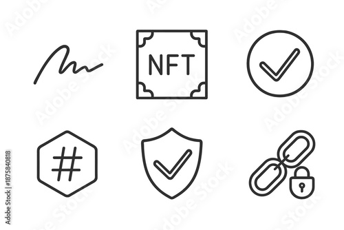 NFT Signature Verification Icons. Line vector icons of NFT signature verification: signature curve, token frame, check arc, hash