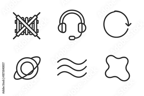 Flexible Work Icons. Line vector icons of anti-rigid work boundaries: crossed rigid barrier hint, headset icon, open transition