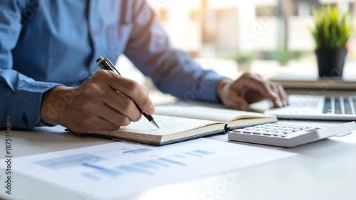 Writing in notebook with analyzing business data.