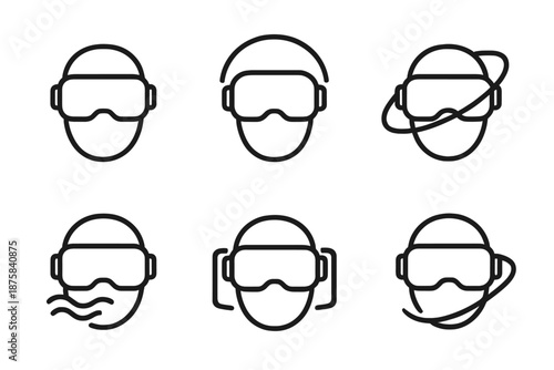 Immersive Headset Icons. Line vector icons of immersive work-from-anywhere headset: bold headset outline, environment merge arc,