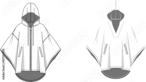 Hooded poncho technical sketch, fashion flat drawing, garment blueprint, CAD apparel illustration, vector template, outerwear design, clothing concept