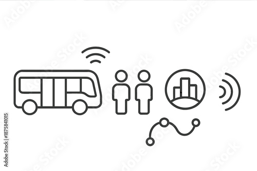 Driverless Urban Mobility Icons. Line vector icons of driverless urban mobility: autonomous bus shape, sensor band, passenger