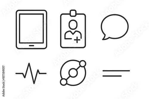 Remote Care Icons. Line vector icons of remote care interface: tablet outline, doctor badge, chat curve, health wave, connectivity