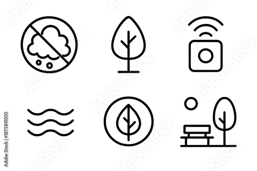 Eco-Friendly Park Icons. Line vector icons of anti-pollution park concept: crossed smog hint, clean tree outline, sensor node,
