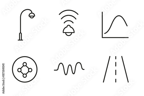 Adaptive Street Lighting. Line vector icons of adaptive street illumination: street lamp silhouette, ambient sensor arc,