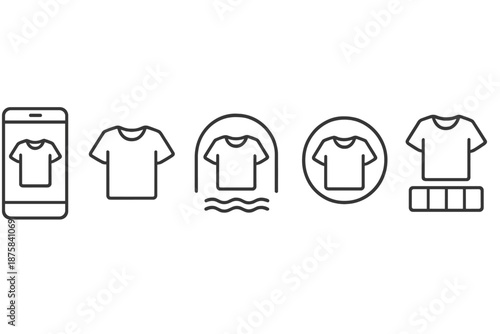 Digital Dressing Icons. Line vector icons of digital dressing experience: mobile frame, outfit outline, virtual arc, alignment